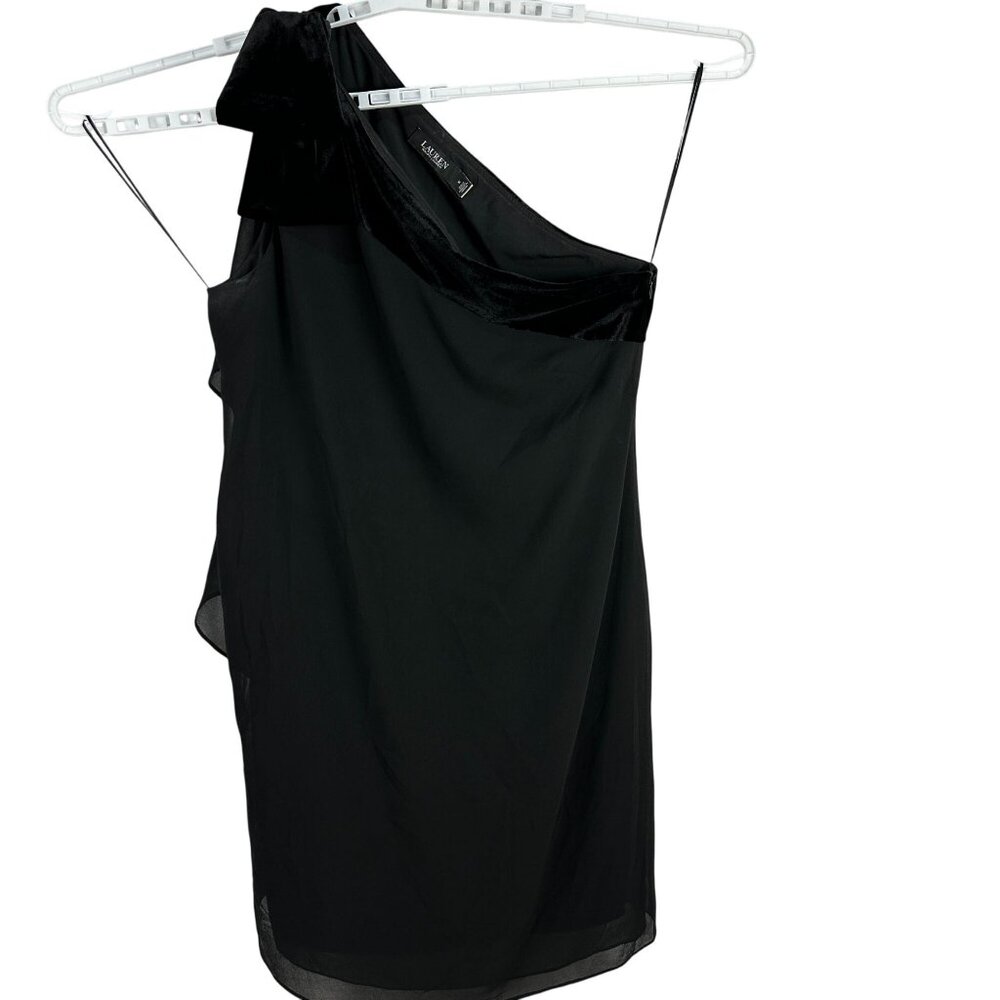 Lauren Ralph Lauren Womens Black One Shoulder Dress Size 14 Velvet Trim Elegant